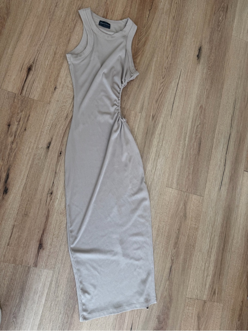White Fox Boutique Sleeveless Side-Ruched Maxi Dress - Cream Taupe